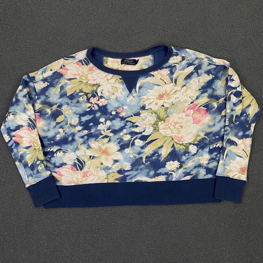 Polo Ralph Lauren Sweatshirt Womens Medium Blue Floral Cropped Crew French Terry
